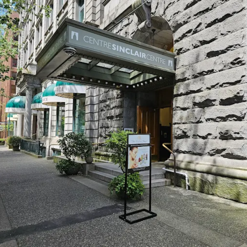 Side view of the Main entrance of Sinclair Centre in Vancouver, Work Permit Canada Vancouver office location.