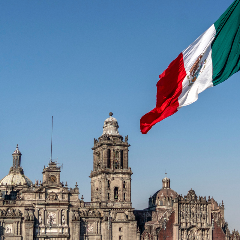 Mexican parliament building with Mexico National Flag Overlay.
