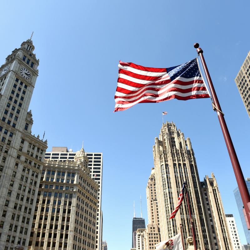 Chicago downtown with US National Flag