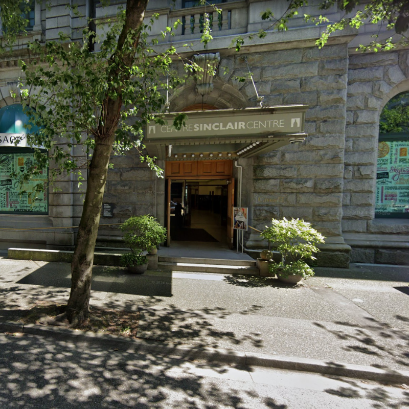 Main entrance of Sinclair Centre in Vancouver, Work Permit Canada Vancouver office location.